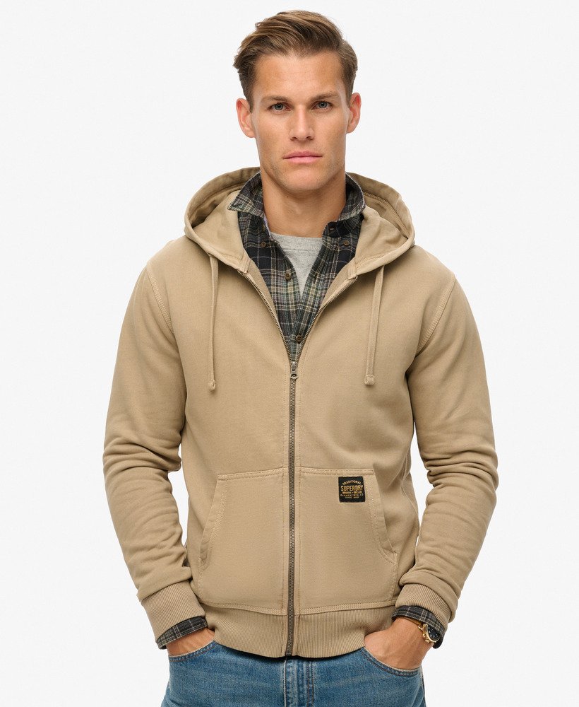 hoodie met rits en contrasterende stiksels in gewassen loodbruin.
