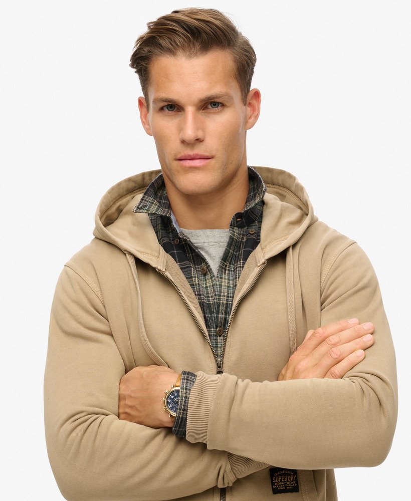 hoodie met rits en contrasterende stiksels in gewassen loodbruin.