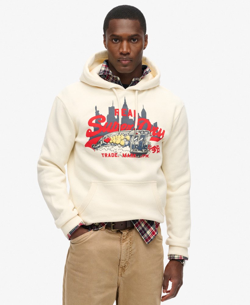 new york vintage logo graphic hoodie in rice white