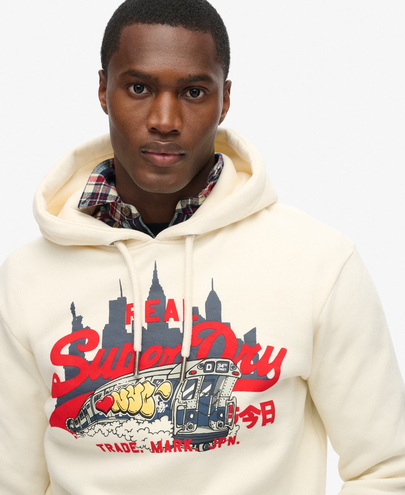 new york vintage logo graphic hoodie in rice white