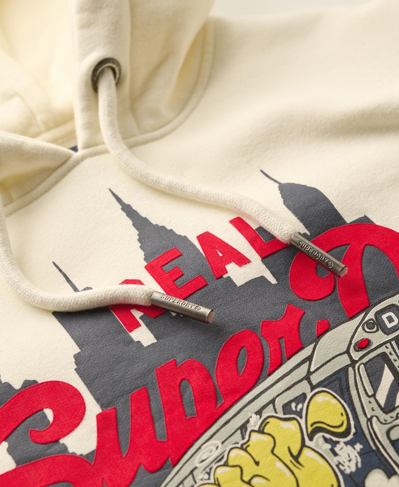 new york vintage logo graphic hoodie in rice white