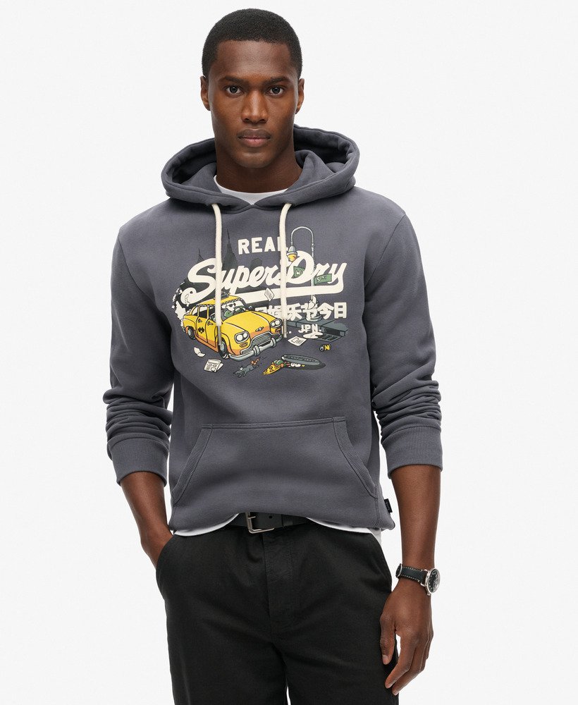 new york vintage logo graphic hoodie in noho navy