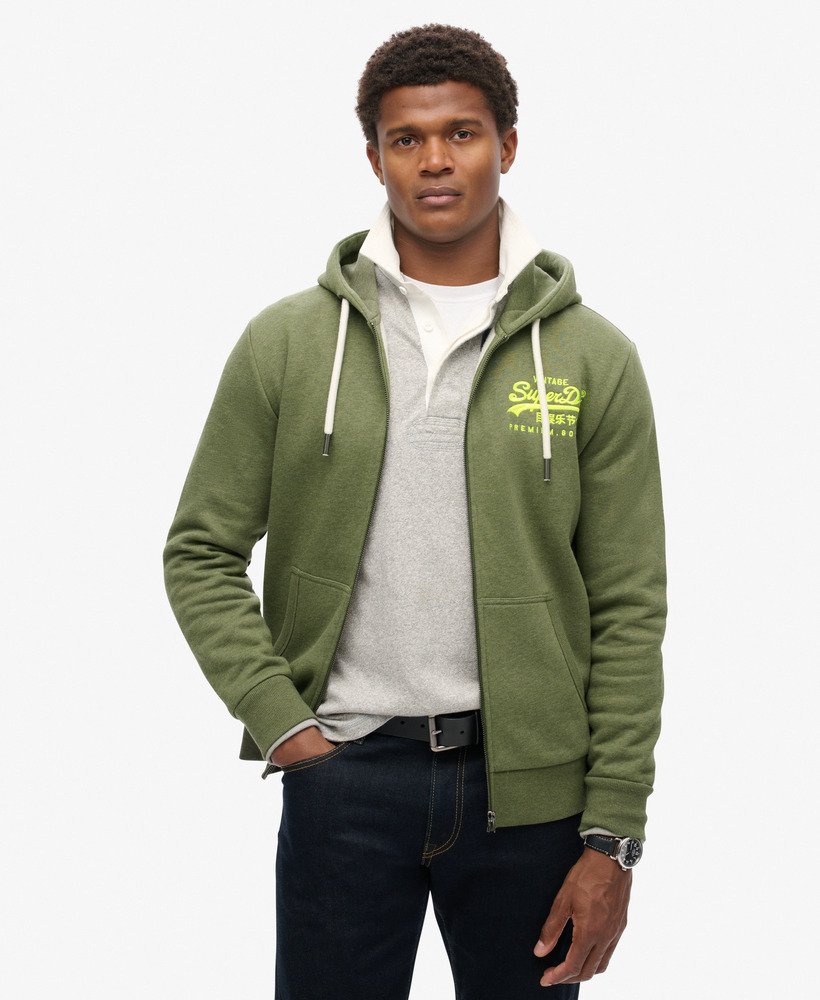 neon vintage logo grafische hoodie met rits in thrift olive marl
