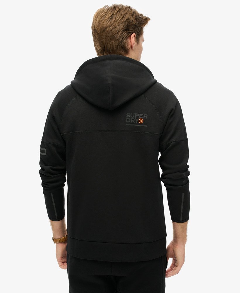 hoodie met losvallend tech-logo en ritssluiting in zwartoranje.