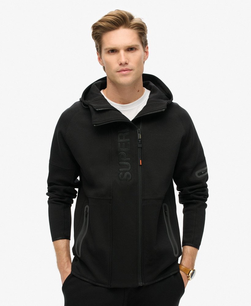 hoodie met losvallend tech-logo en ritssluiting in zwartoranje.