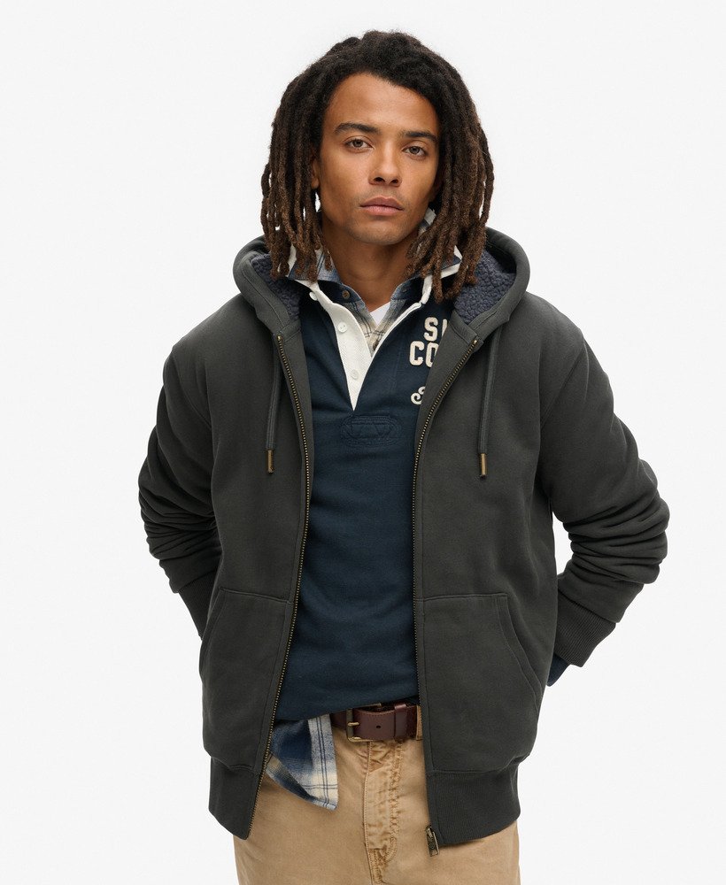 borg gevoerde hoodie met rits in gewassen zwart