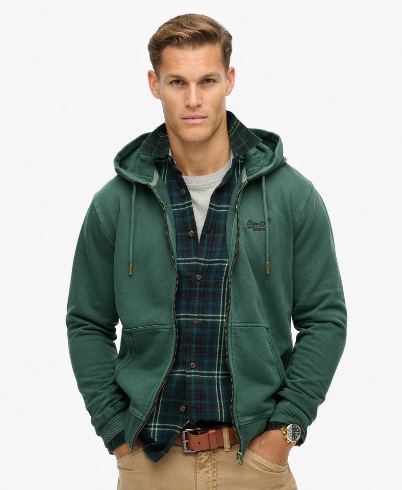 essential logo washed zip hoodie in forest green