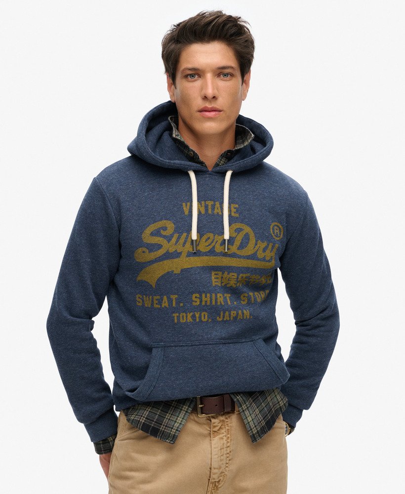 klassieke vintage hoodie met logo in vintage marineblauw gemêleerd.