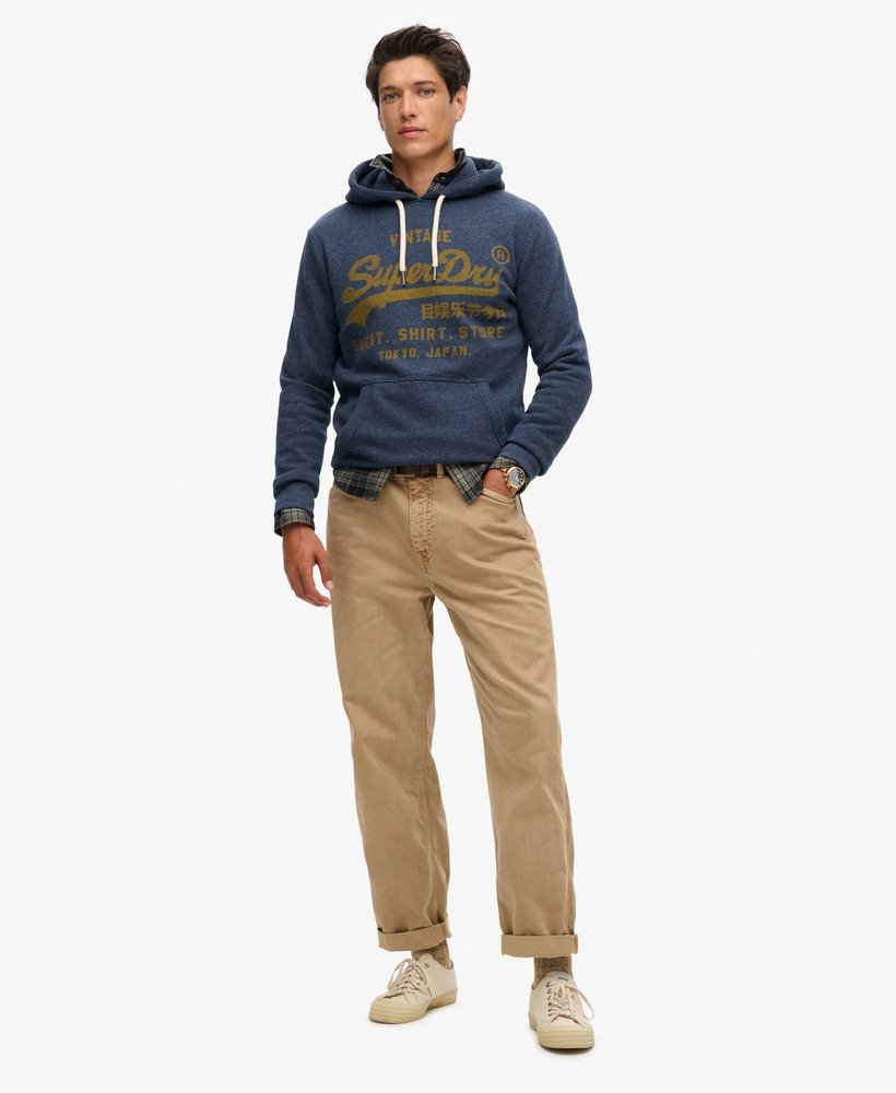 klassieke vintage hoodie met logo in vintage marineblauw gemêleerd.