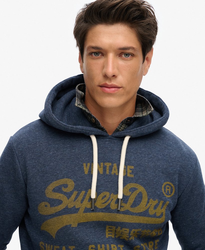 klassieke vintage hoodie met logo in vintage marineblauw gemêleerd.