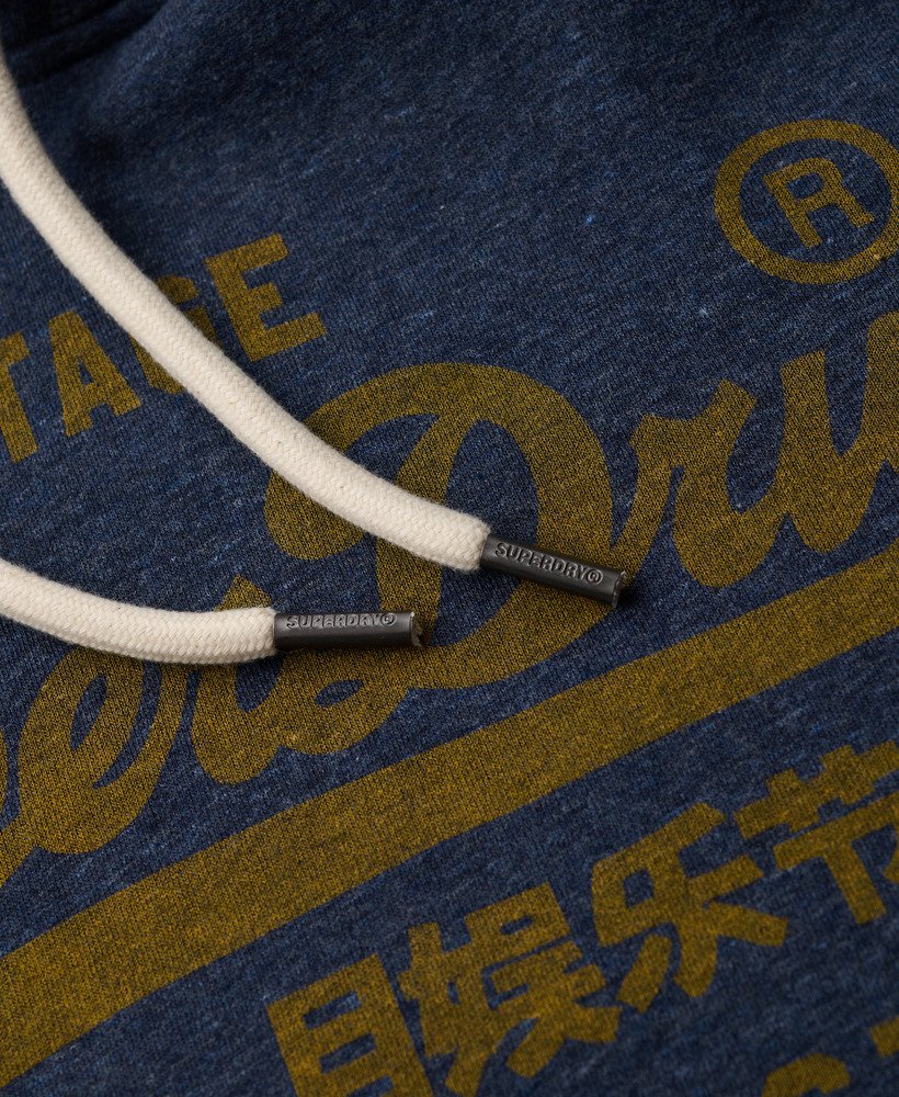 klassieke vintage hoodie met logo in vintage marineblauw gemêleerd.