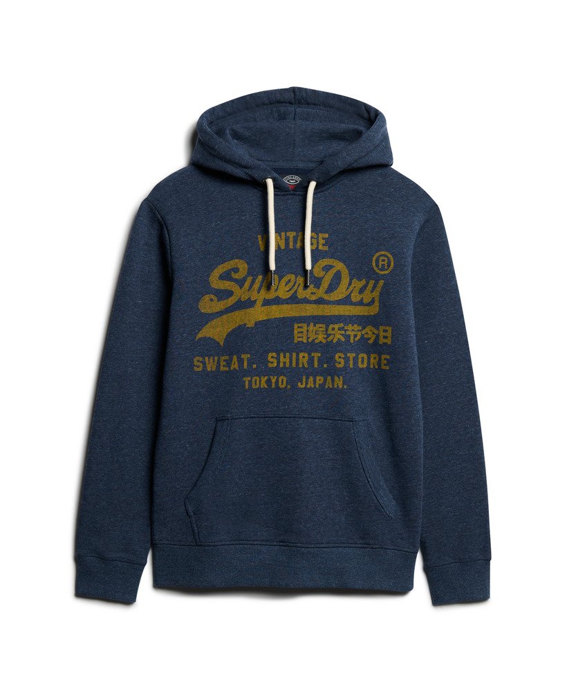 klassieke vintage hoodie met logo in vintage marineblauw gemêleerd.