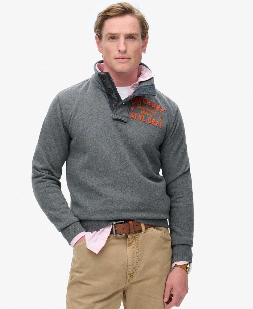 vintage sportieve halfknoops sweater in antracietgrijs.