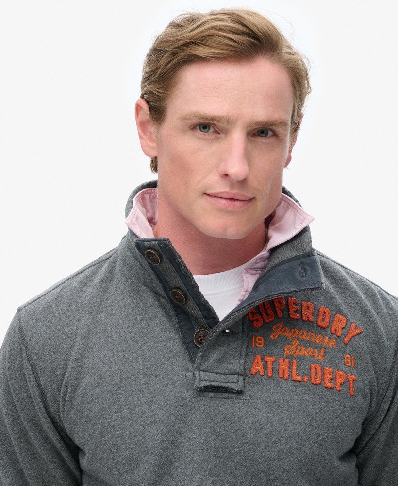 vintage sportieve halfknoops sweater in antracietgrijs.