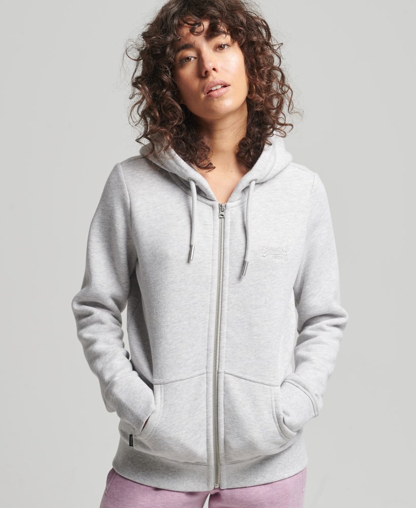 hoodie met ritssluiting van biologisch katoen vintage logo en borduursel in glacier grey marl.
