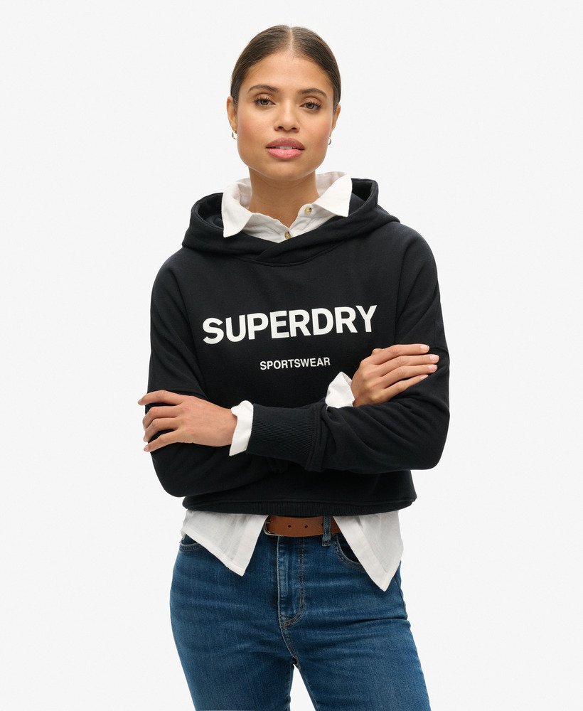 core sport crop box hoodie in zwart