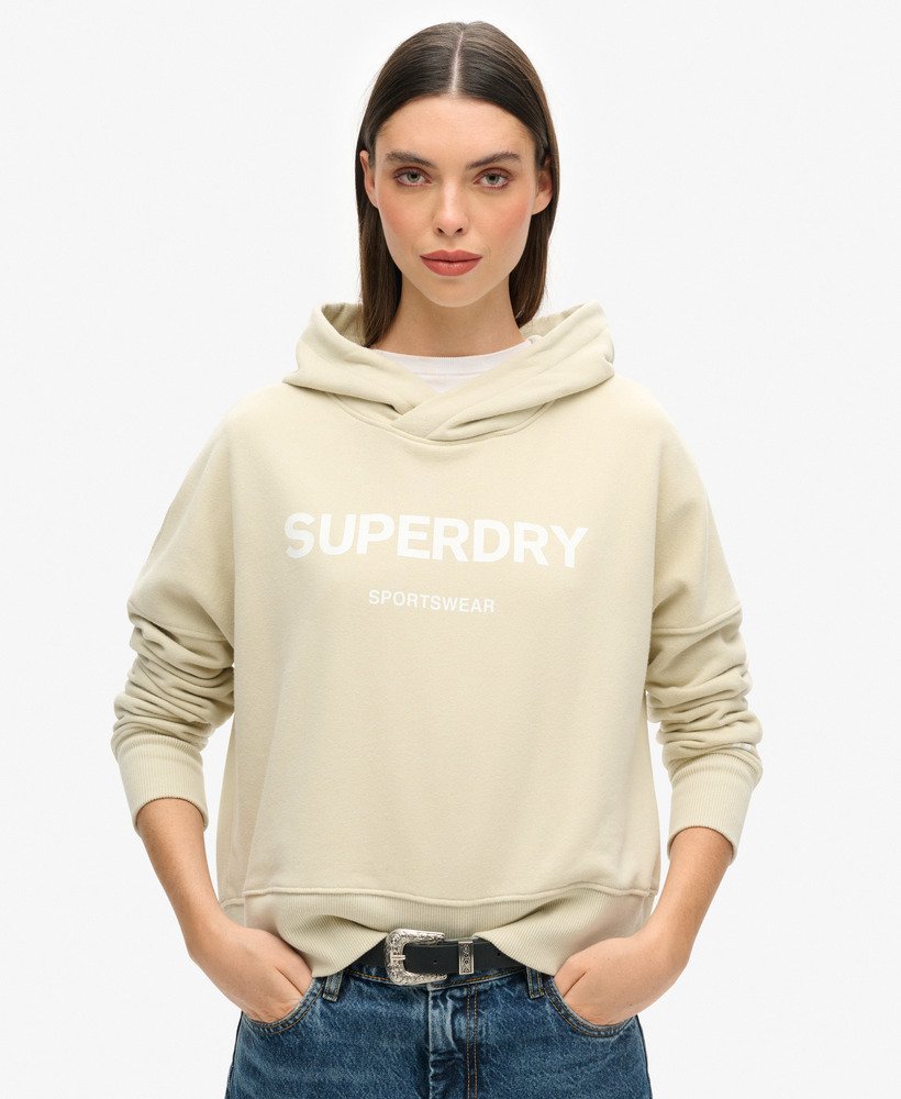 core sport crop box hoodie in pelican beige