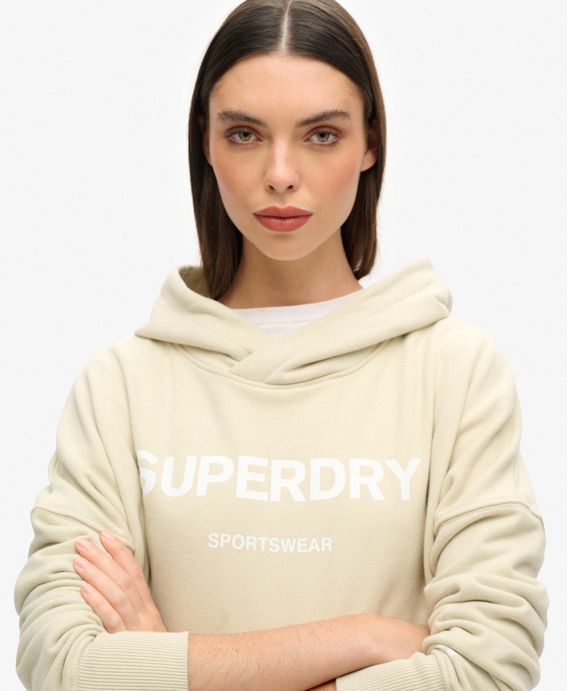 core sport crop box hoodie in pelican beige