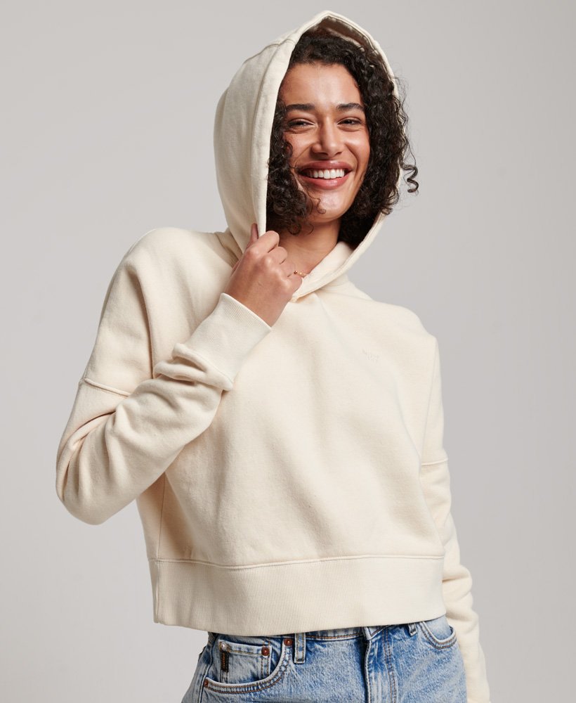 wasbare crop hoodie in havermout.