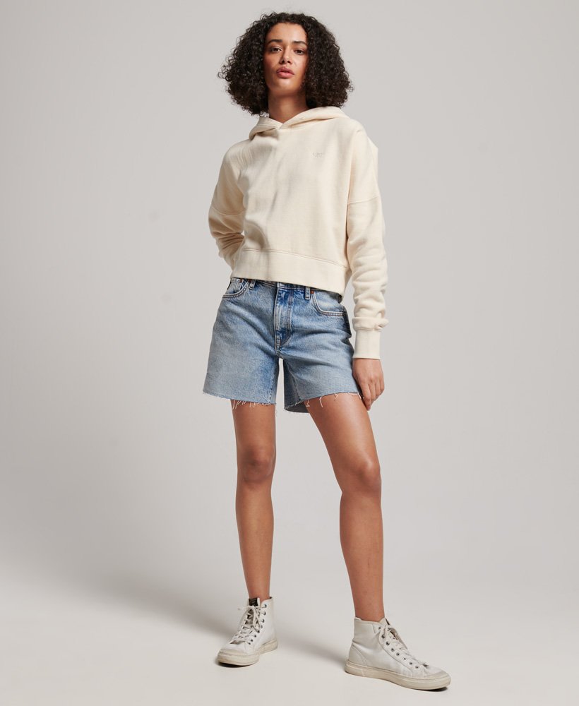 wasbare crop hoodie in havermout.