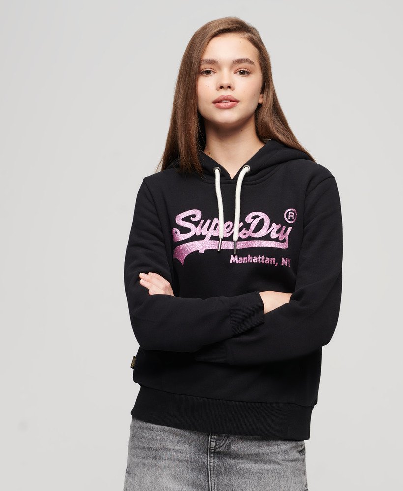 hoodie met vintage logo en versieringen in zwart.