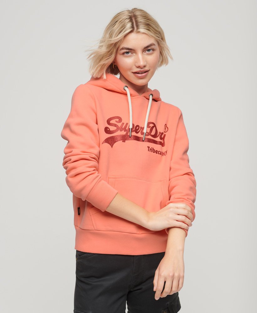 hoodie met vintage logo en versieringen in fusion coral