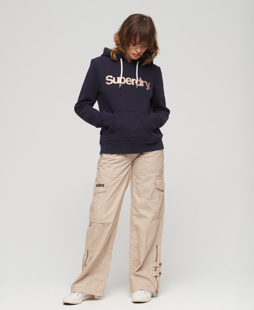 metallic core logo hoodie in rinse navy