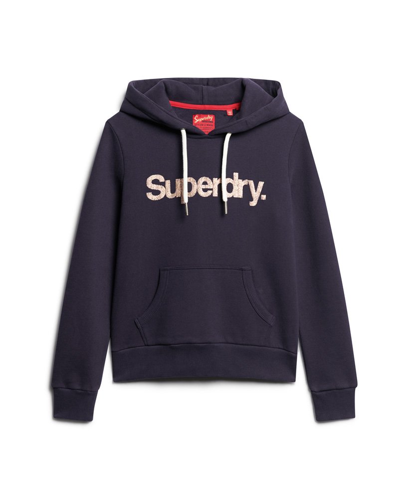 metallic core logo hoodie in rinse navy