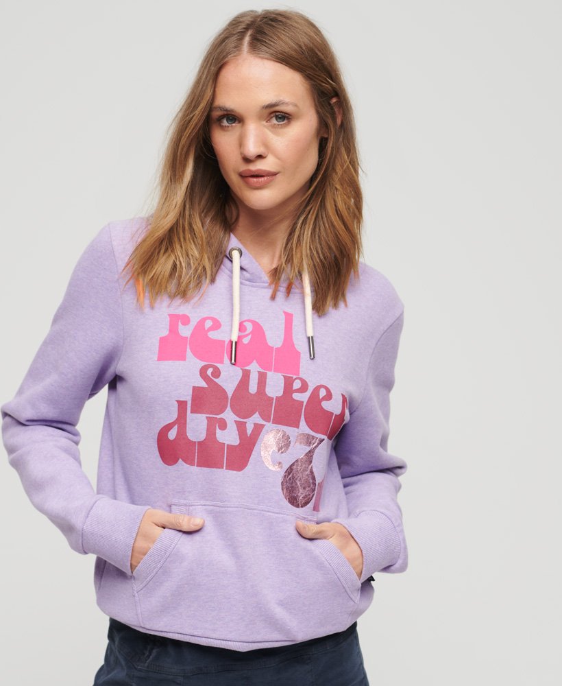 hoodie met retro lettertype uit de jaren 70 in lichtpaars gemêleerde kleur.