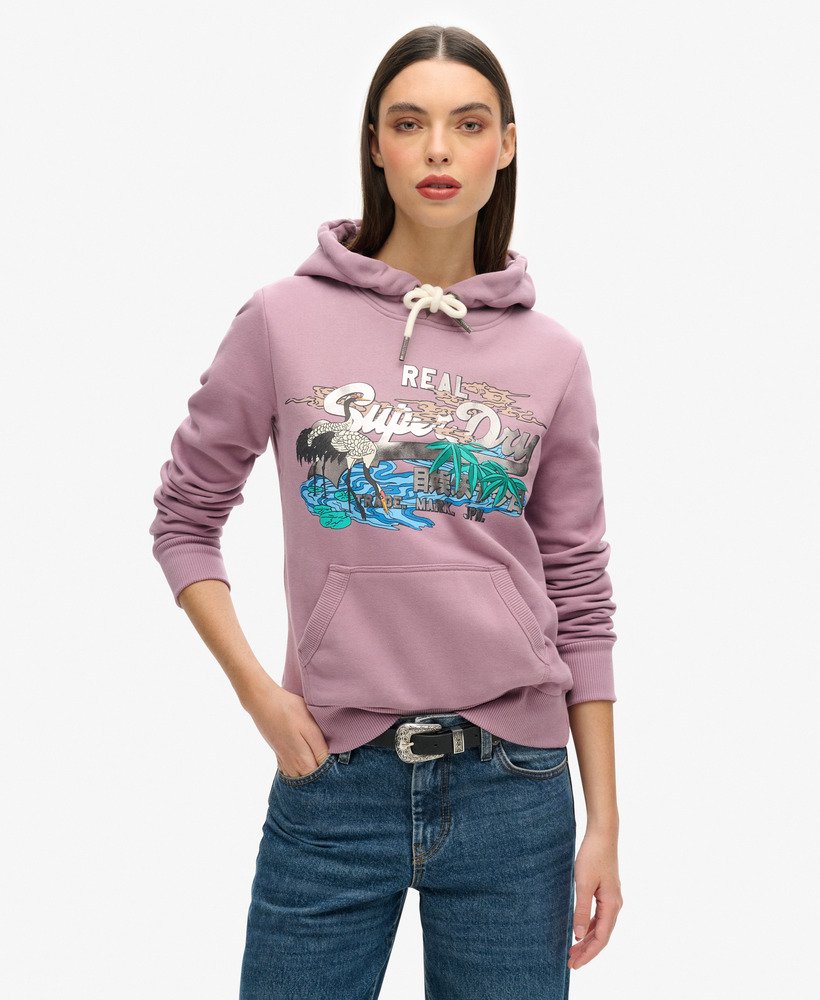 hoodie met vintage japans logo in de kleur dazed lilac.