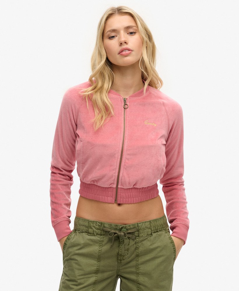 geborduurd velours baseballshirt met rits in manila blush pink