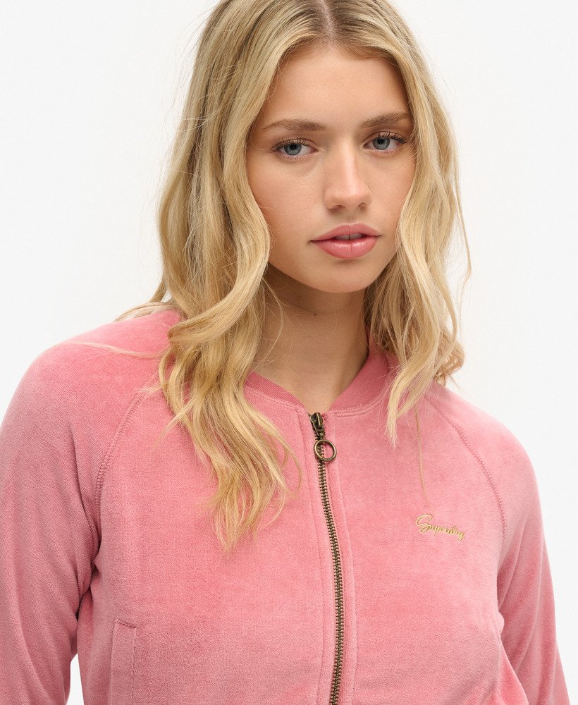 geborduurd velours baseballshirt met rits in manila blush pink