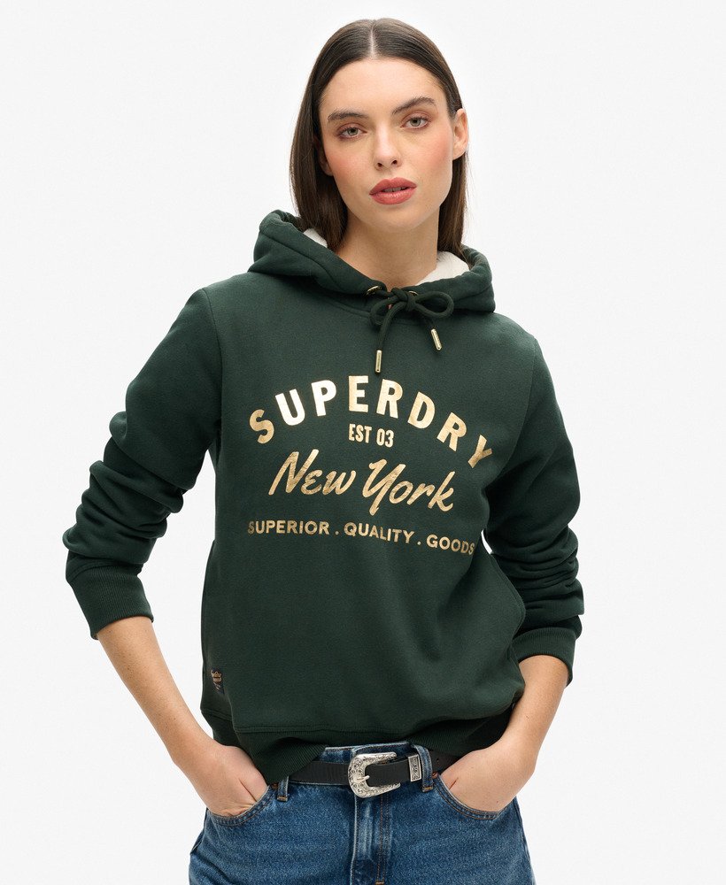 luxe metallic logo hoodie in academy dark green