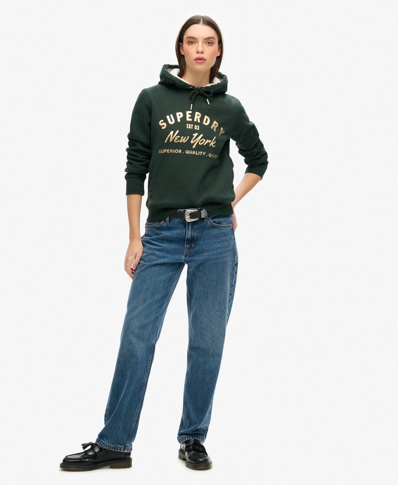 luxe metallic logo hoodie in academy dark green