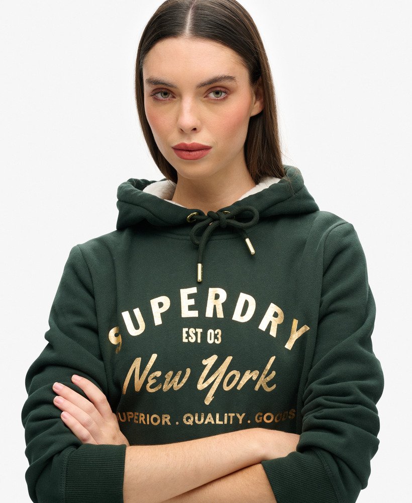 luxe metallic logo hoodie in academy dark green