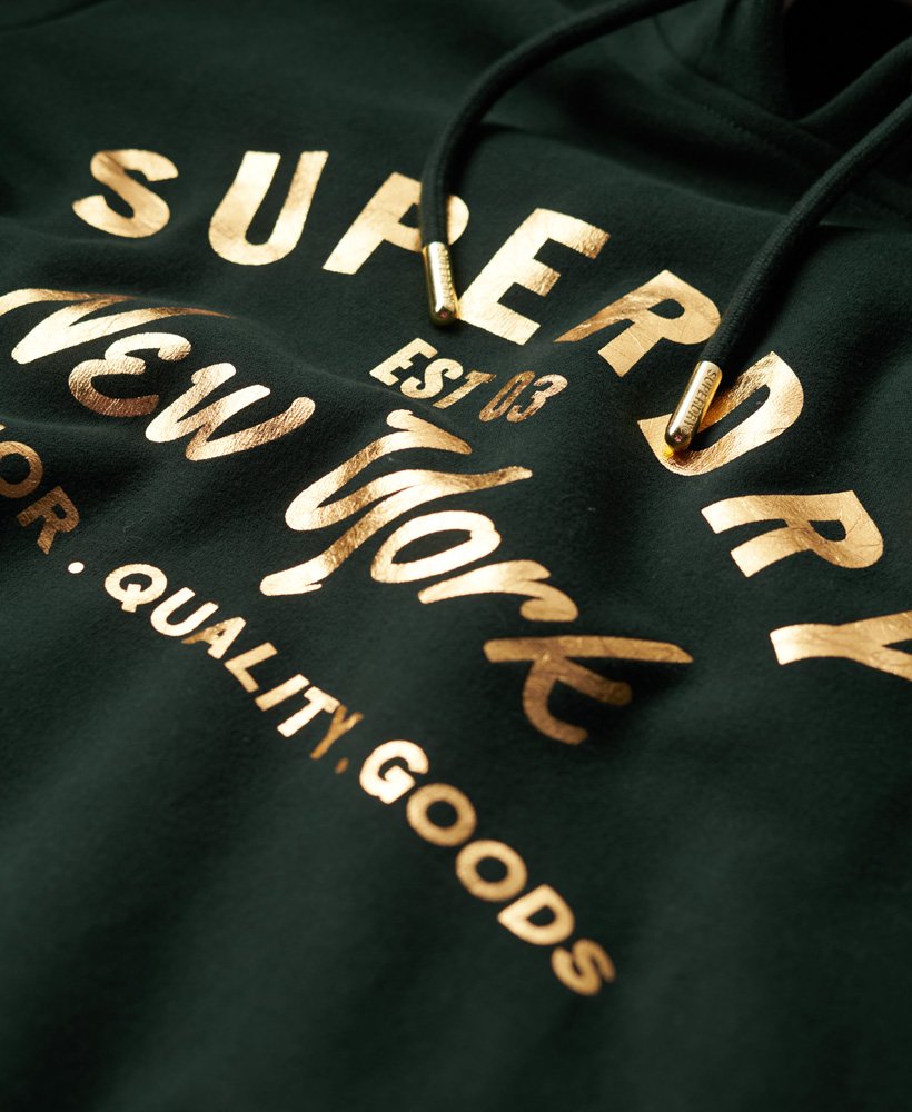 luxe metallic logo hoodie in academy dark green