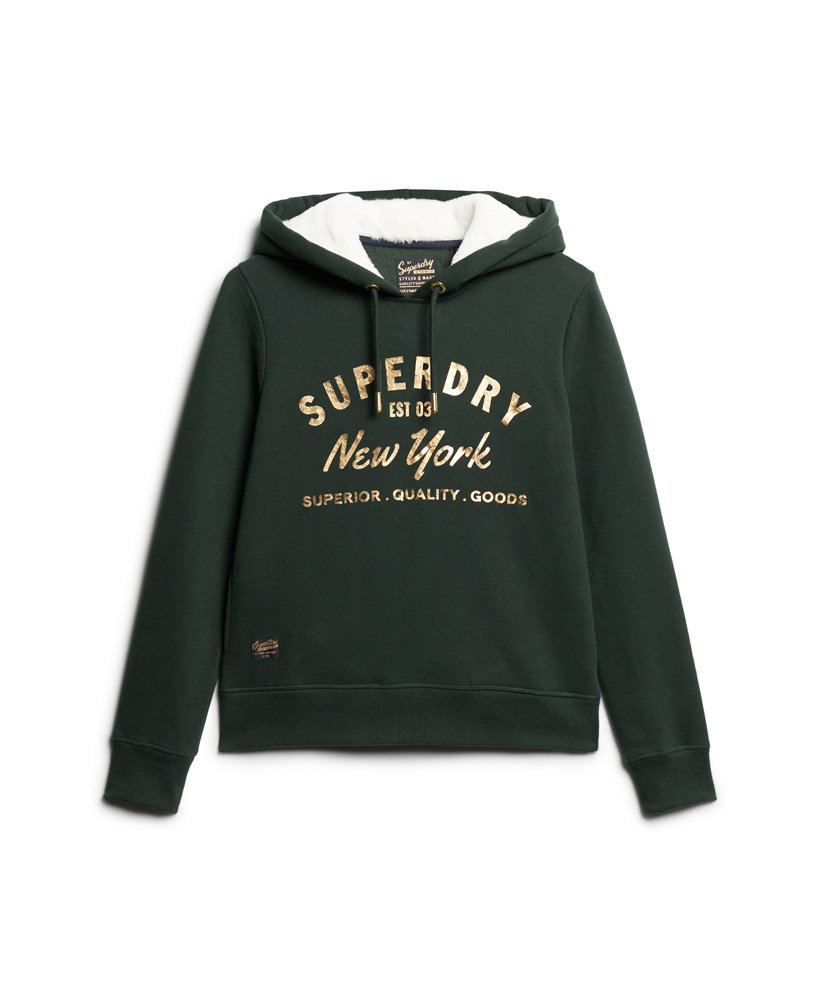luxe metallic logo hoodie in academy dark green