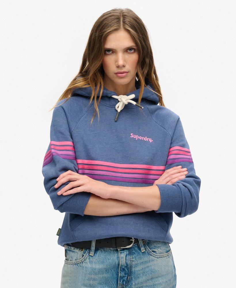 hoodie met regenboogstrepen en logo in gemêleerd denimblauw.