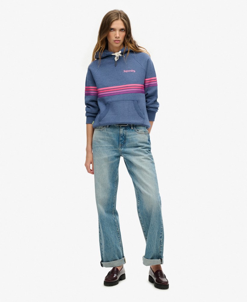 hoodie met regenboogstrepen en logo in gemêleerd denimblauw.