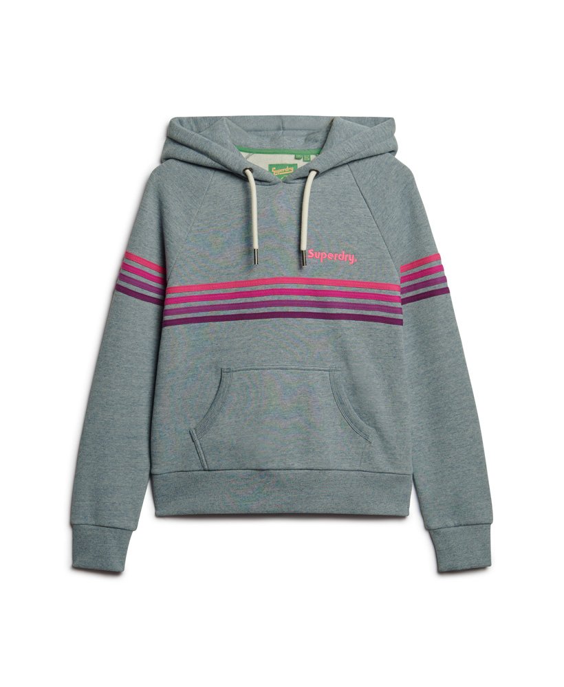 hoodie met regenboogstrepen en logo in gemêleerd denimblauw.