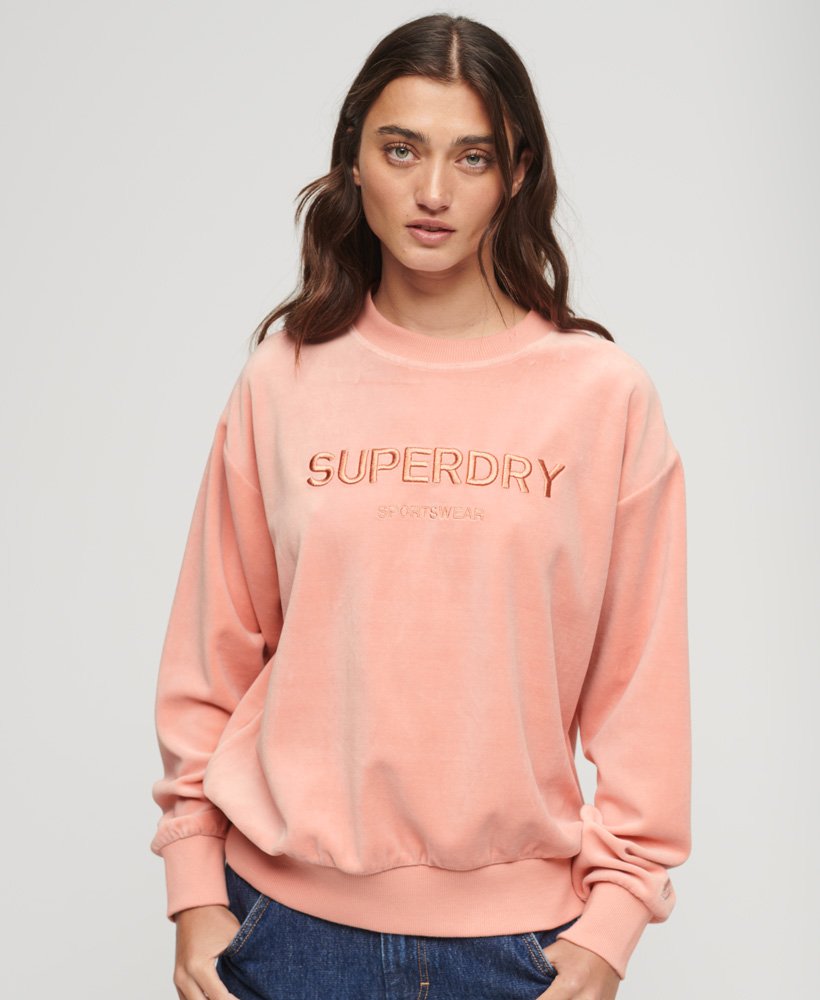 velours sweatshirt met grafische print en wijde pasvorm in perzikbeige.
