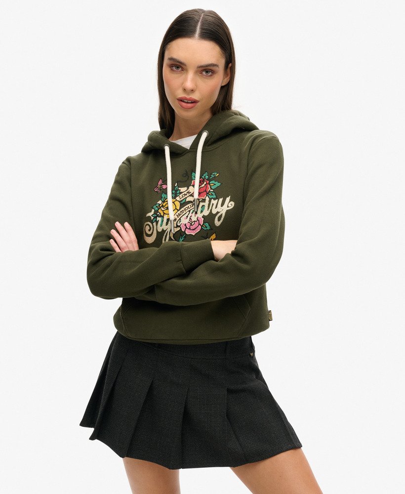 hoodie met tattoo-scriptprint in olijfgroen verkrijgbaar bij surplus goods.