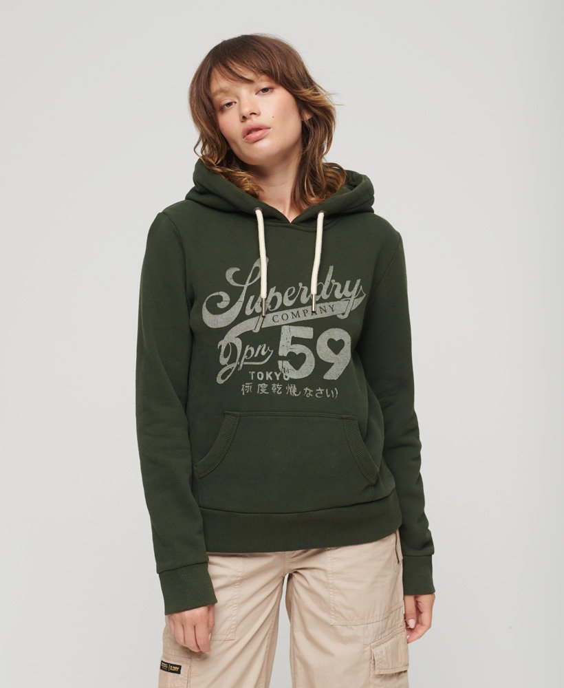 hoodie met archiefscript-print in olijfgroen verkrijgbaar bij surplus goods.
