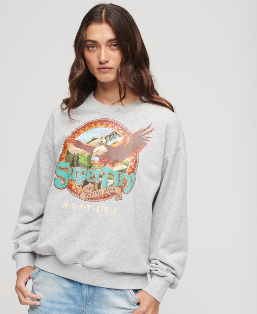 reissouvenir-sweatshirt met grafische print en ronde hals in gemêleerd grijs.