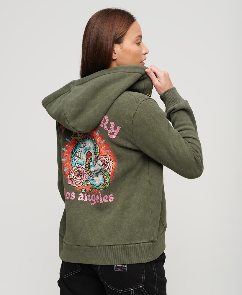 tattoo-hoodie met strasssteentjes en rits in legergroen kaki