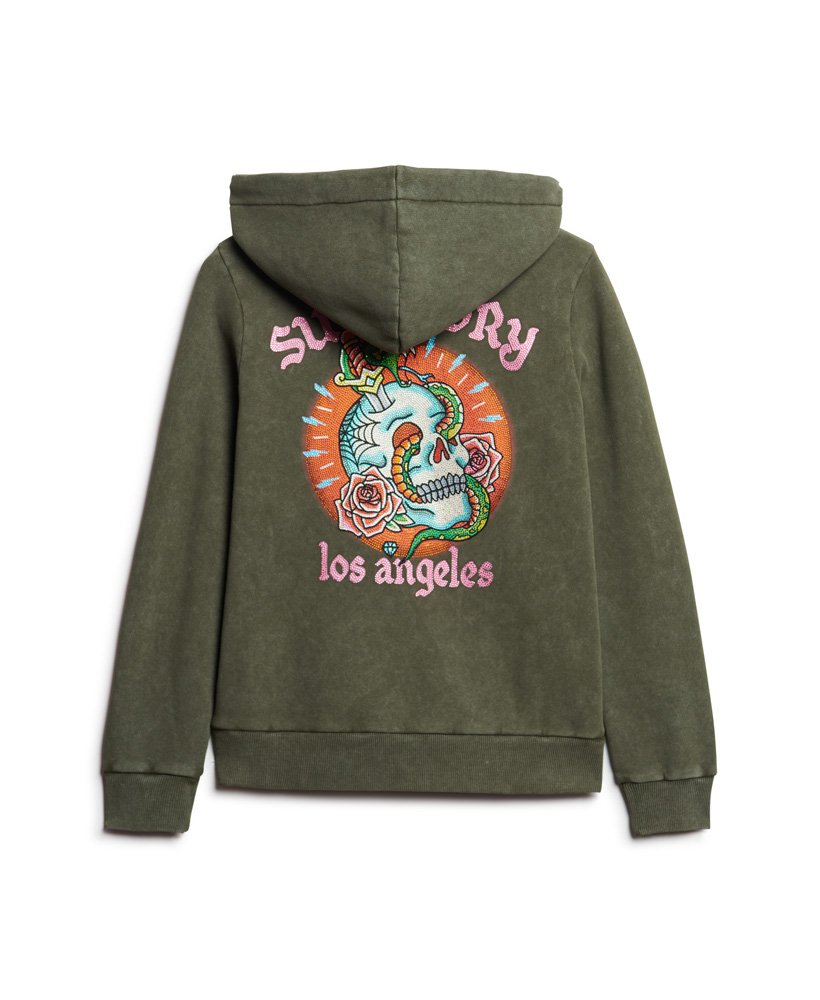 tattoo-hoodie met strasssteentjes en rits in legergroen kaki