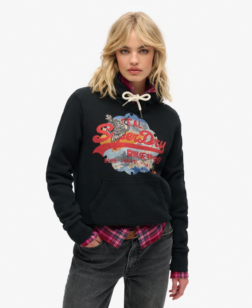 tokyo vintage logo graphic hoodie in zwart