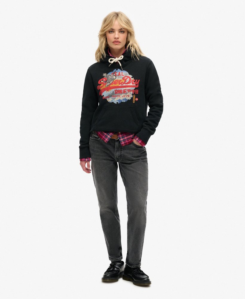 tokyo vintage logo graphic hoodie in zwart