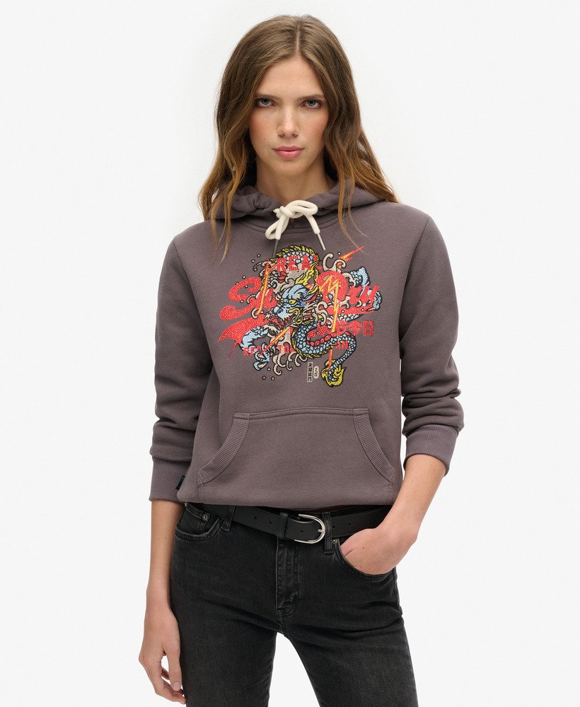 tokyo vintage logo graphic hoodie in rock dark grey