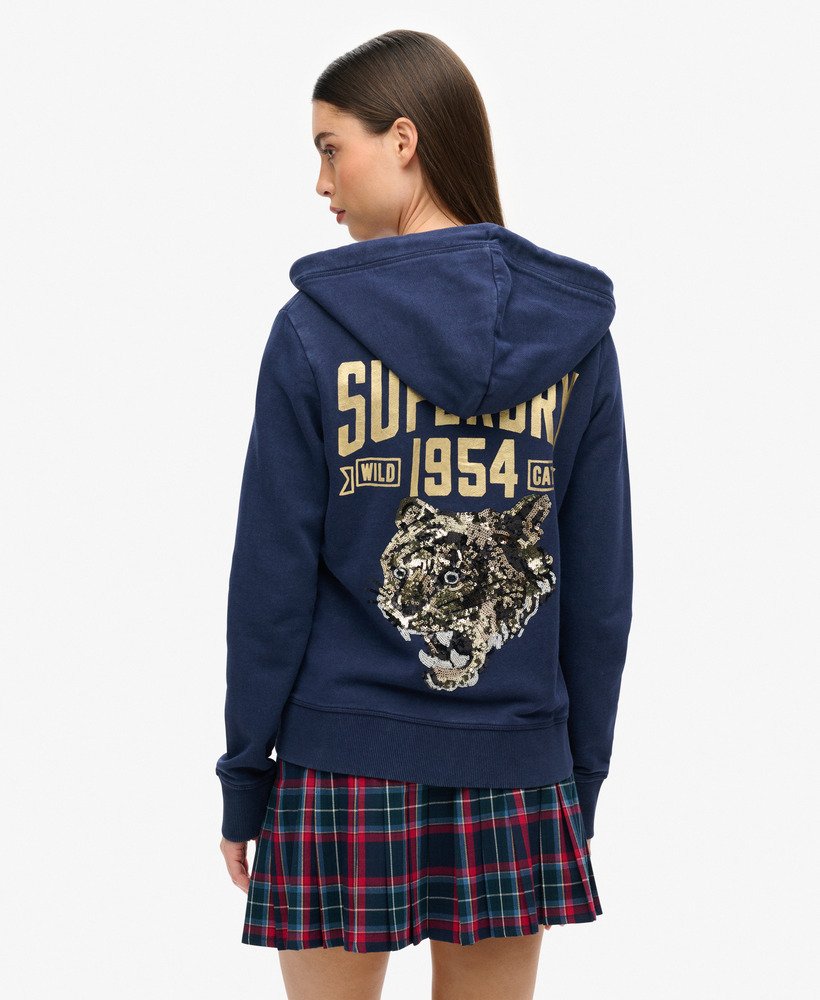 versierde gearchiveerde hoodie met rits in diep marineblauw.